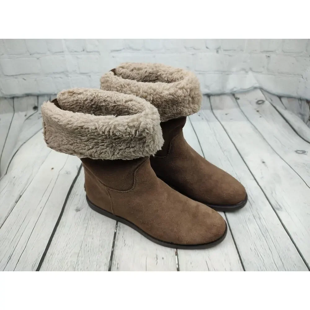 G.H. Bass Aria Womens 6.5M Brown‎ Suede Faux Shearling Fold Over Mid Calf Boots
